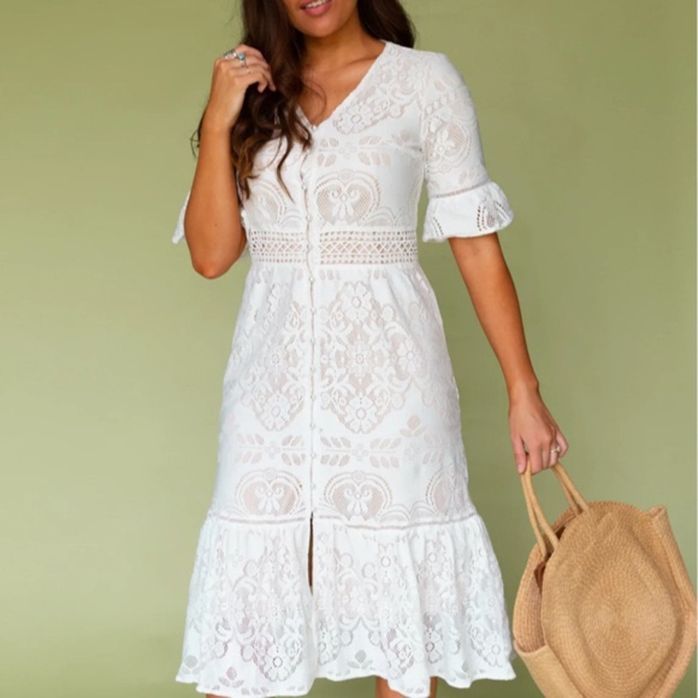 🆕Ivy City Co Monroe White & Tan Lace Dress